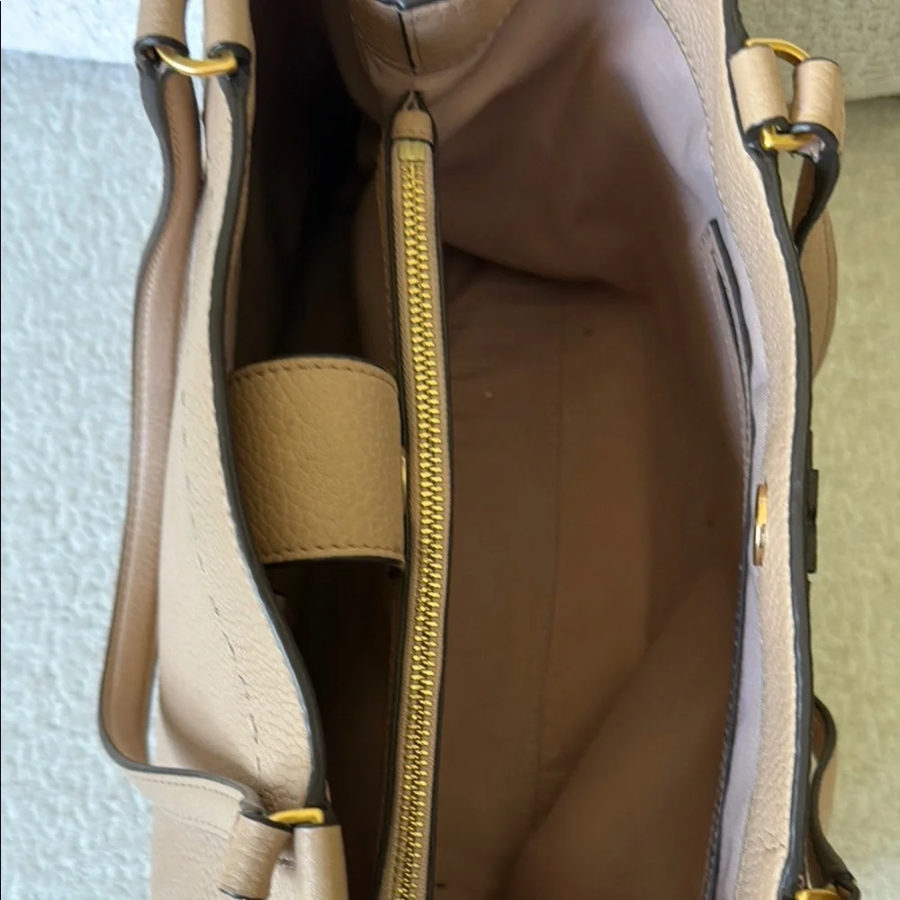 Tory Burch Beige/Tan Pebbled Leather Tote with Logo